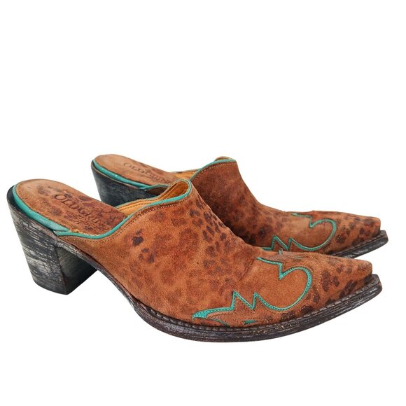 Old Gringo Leopard Print Suede Mules Size 5B Turquoise Trim Western Cowgirl - Picture 1 of 13